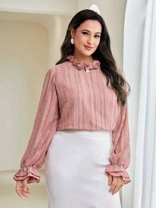 Modelyn Plus Frill Trim Flounce Sleeve Blouse - Pink - View 3