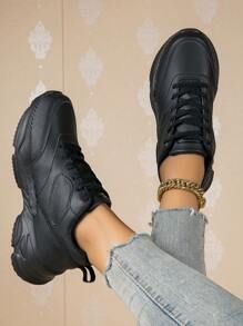 新品pu皮革輕便軟底女性休閒運動跑步鞋,全黑工作和旅行鞋 - 黑色 - 查看 3