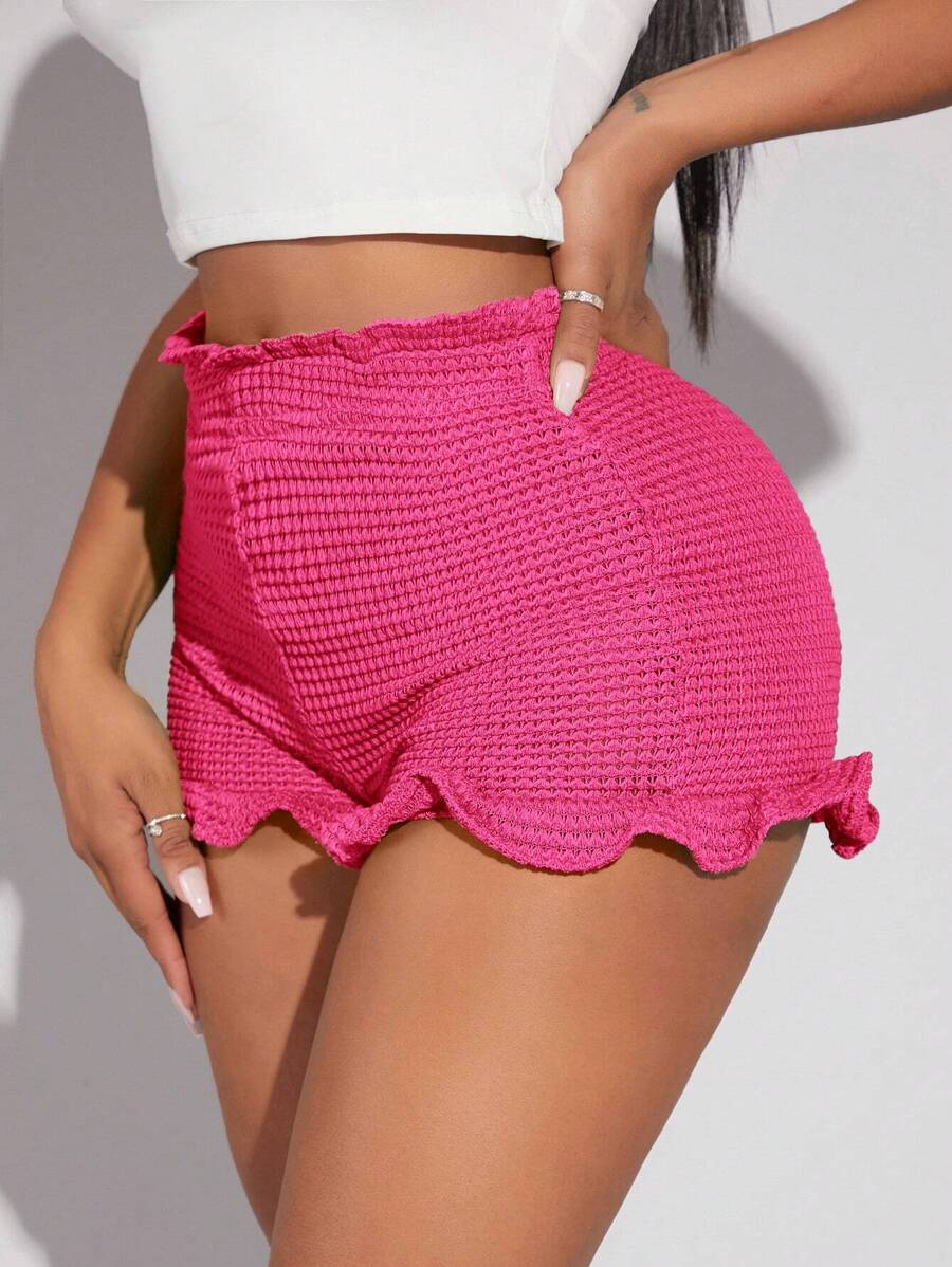 SHEIN SXY Summer/Beach;Waffle Knit Lettuce Trim Shorts - Hot Pink - View 1