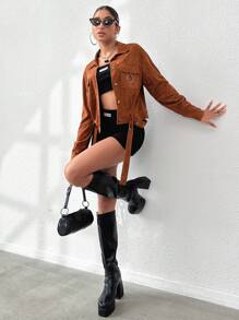 Flirla Flap Pocket Drop Shoulder Jacket Fall Cloth For Women - Rust Brown - View 6