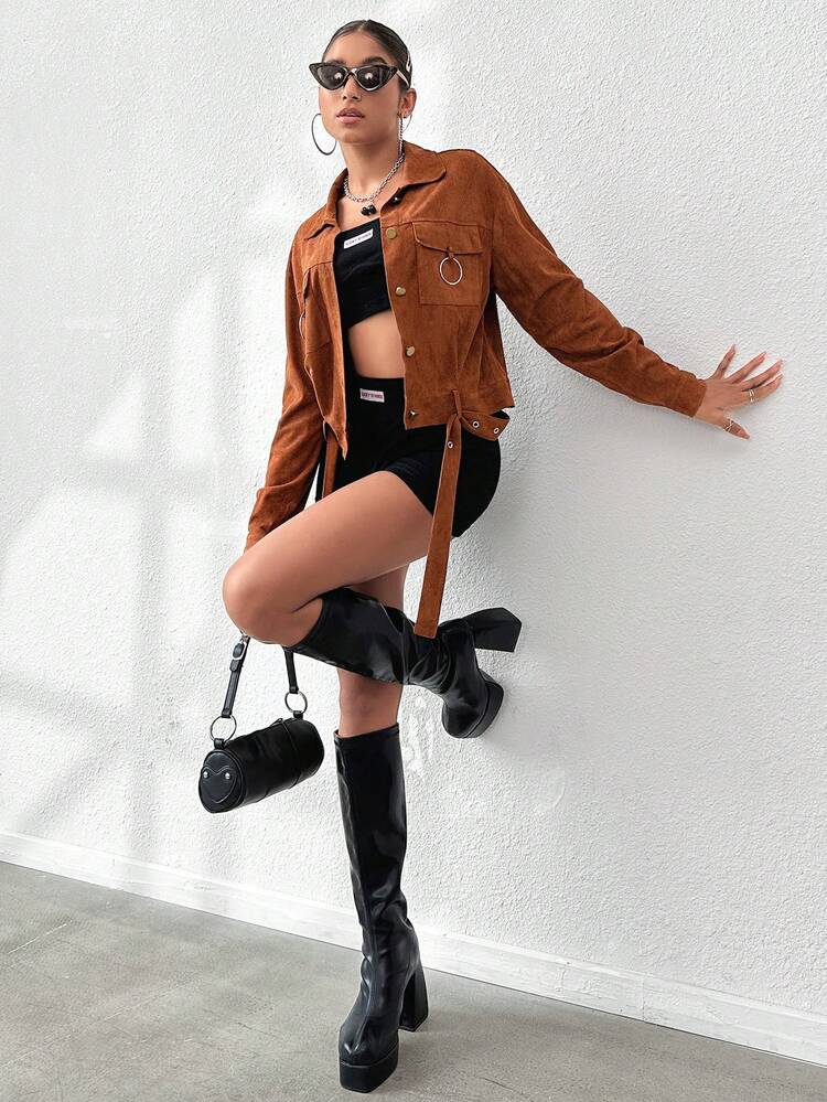 Flap Pocket Drop Shoulder Jacket Fall Cloth For Women