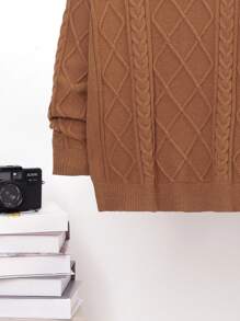 SHEIN Tween Boy Cable Knit Hooded Sweater - Brown - View 5