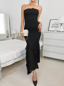 GENKIRA 素色荷葉邊抹胸洋裝 - 黑色 - 查看 6