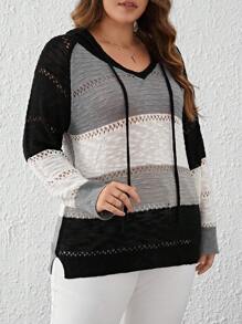 SHEIN LUNE Jersey con capucha y cordón de manga raglán de punto pointelle color combinado - Negro - Ver 4
