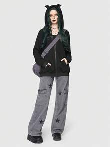 Mariexvx 蝙蝠與月亮印花落肩連帽衫 - 黑色 - 查看 2