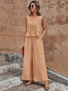 SHEIN Unity 後背鈕扣荷葉邊下擺上衣 & 闊腿褲 - 粉色 - 查看 4