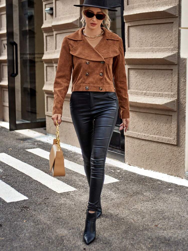 Lapel Neck Double Breasted Crop Corduroy Jacket