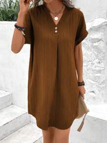 EMERY ROSE 素色紐扣細節蝙蝠袖洋裝 - 棕色 - 查看 4