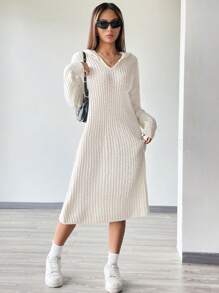 Flirla 落肩袖連帽毛衣洋裝 - 白色 - 查看 6