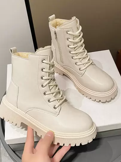 Fall/Winter New Women Fashion Casual Solid Color Snow Boots, Fluffy Lining Lace-Up Front Zipper Side Beige Boots,Fur Boots