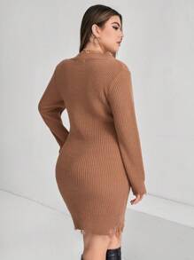 SHEIN Essnce Plus V Neck Distressed Sweater Dress Without Belt - Khaki - View 2
