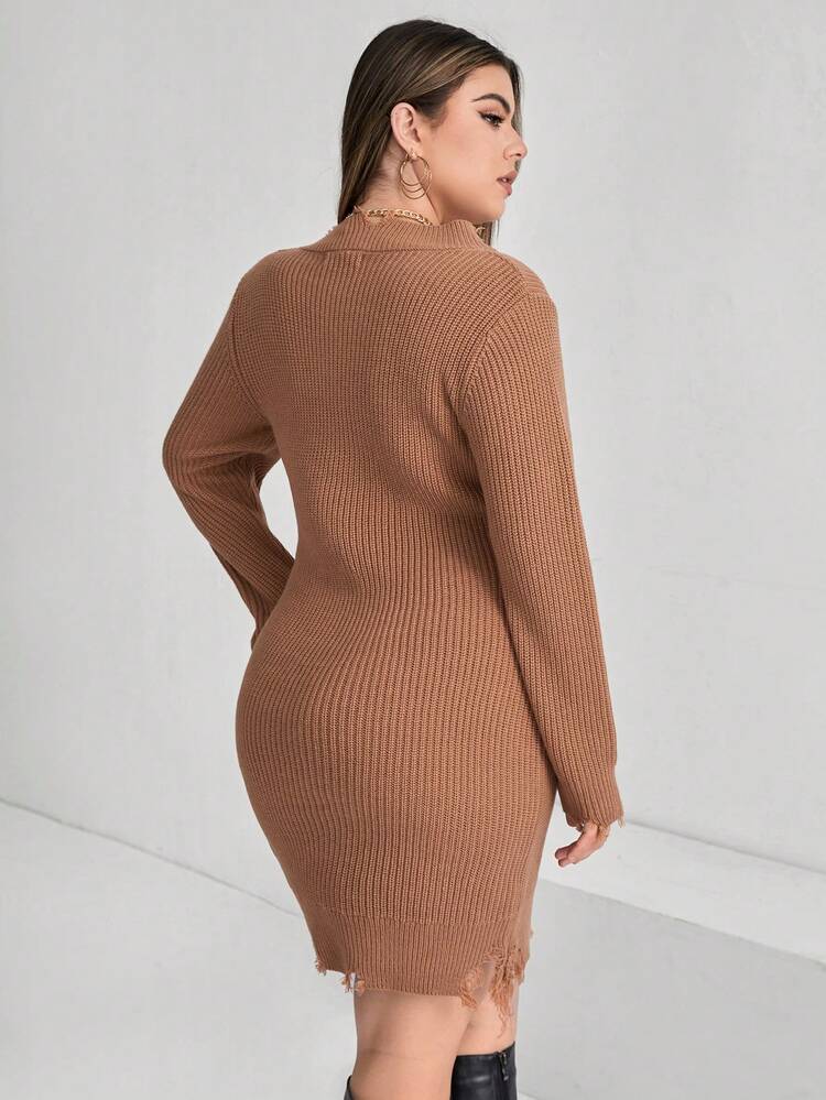 Plus V Neck Distressed Sweater Dress Without Belt