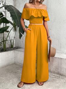 Breezaya Áo trễ vai xếp nếp & quần ống rộng - Màu vàng - Xem 5