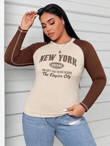 SHEIN EZwear 大碼標語圖案插肩袖T恤 - 杏色 - 查看 5