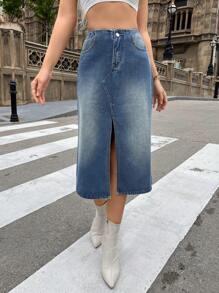 SHEIN ICON High Waist Split Thigh Denim Skirt - Medium Wash - View 1