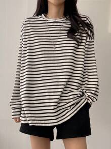 DAZY 条纹落肩超大T恤，秋季服装长袖女式上衣 - 黑色 - 查看 7