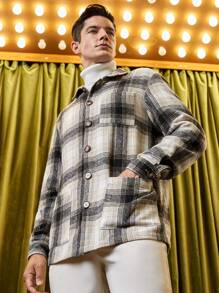 Manfinity VCAY 宽松男士格子印花口袋贴花大衣 - 彩色 - 查看 3