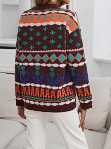 SHEIN LUNE Geo Pattern Drop Shoulder Sweater Knit Pullover Fall Winter Outfit - Multicolor - View 2