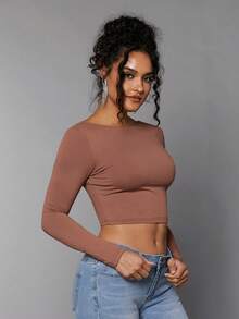 SHEIN BAE 素色露背短款T恤 - 棕色 - 查看 2