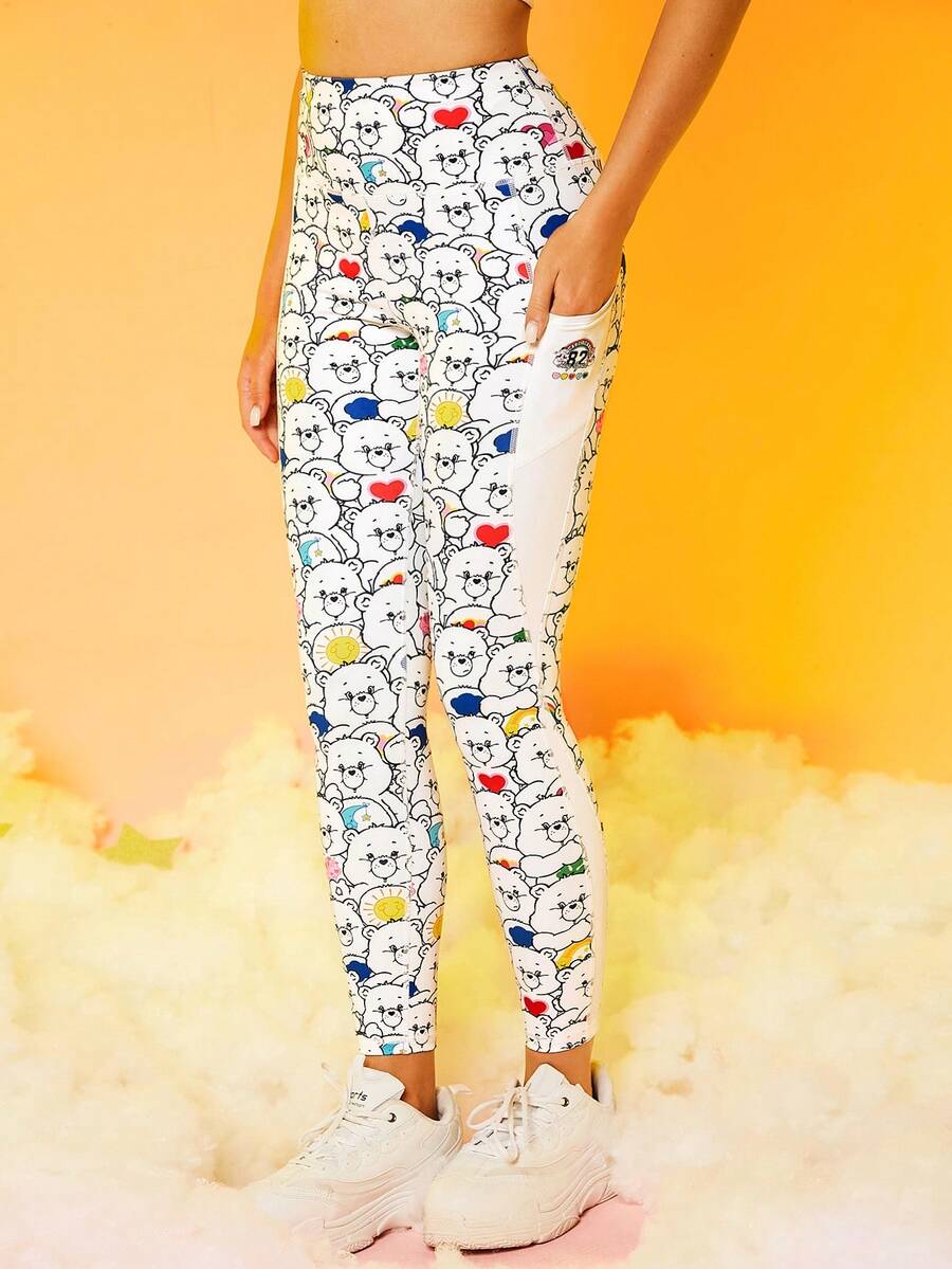 SHEIN X Care Bears 卡通小熊圖案手機口袋側運動打底褲 - 彩色 - 查看 1