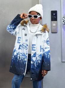 SHEIN Tween Boy Letter Graphic Fuzzy Trim Hooded Padded Coat - Multicolor - View 3