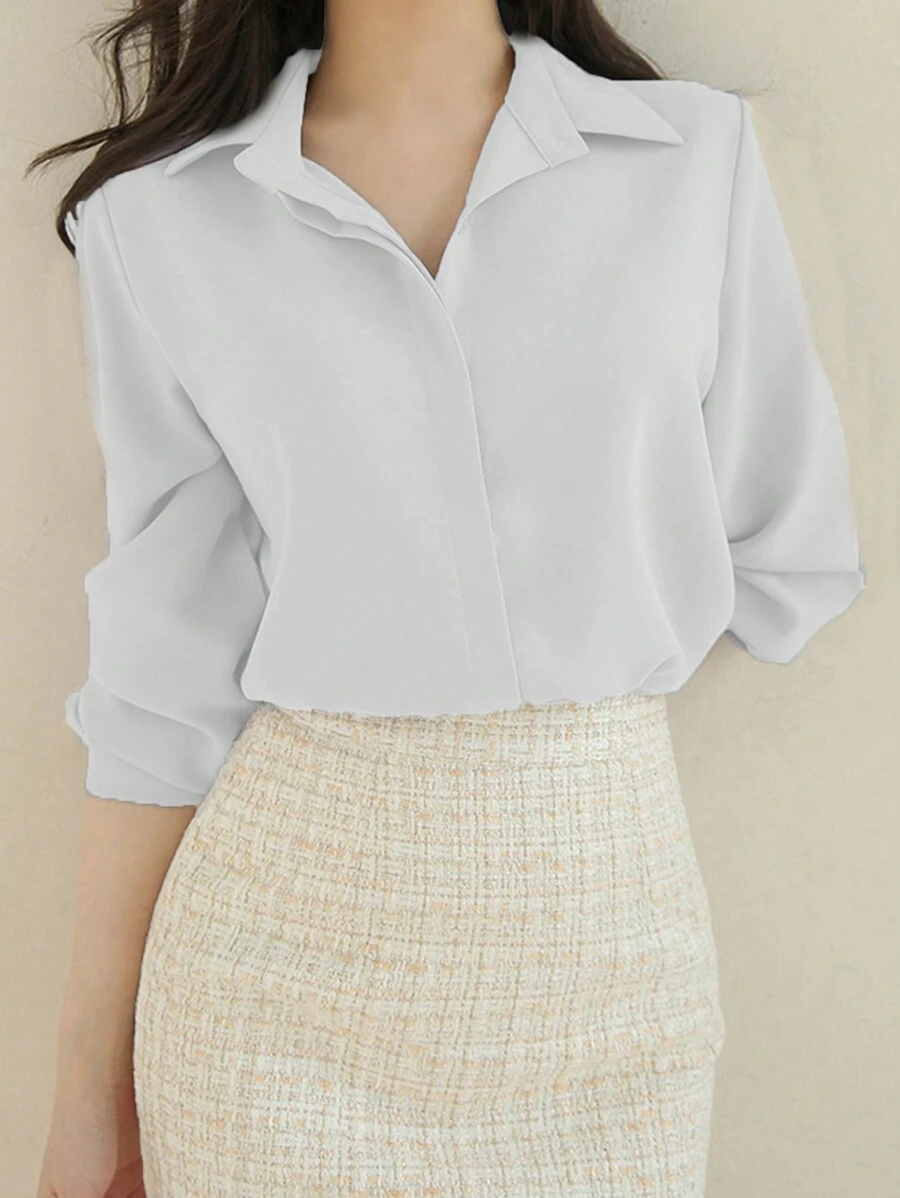 DAZY Solid Button Front Shirt,Long Sleeve Tops Fall - White - View 1