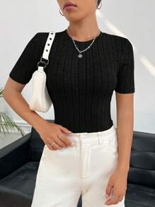 SHEIN EZwear Solid Ribbed Knit Tee - Black - View 5
