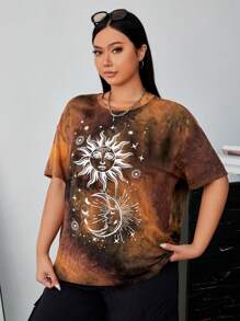 SHEIN EZwear 大碼日月圖案紮染落肩T恤