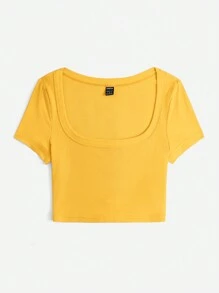 SHEIN EZwear Scoop Cổ Áo phông trơn - Màu vàng - Xem 3