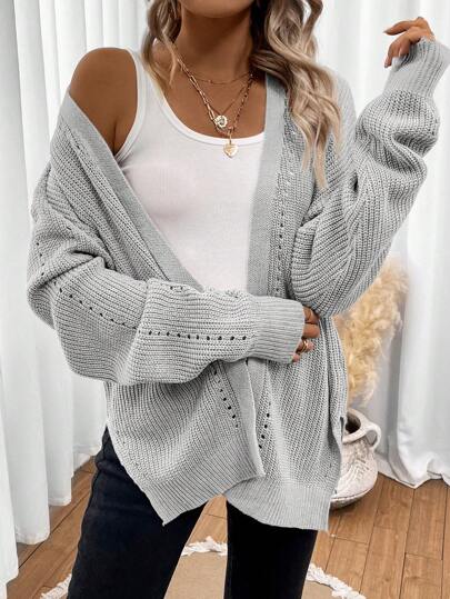 Easowa Eyelet Detail Drop Shoulder Duster Cardigan,Long Sleeve Tops In Fall/Winter