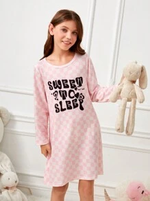 Cô gái Tween Kiểm tra máy & Đồ họa Khẩu hiệu Váy áo thun - Màu Hồng baby - Xem 4