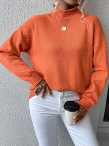 Chiquease Suéter de cuello alto con hombros caídos, parte superior de manga larga de punto, suéter de punto para otoño e invierno - Naranja Quemada - Ver 5