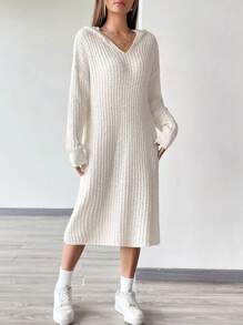 Flirla 落肩袖連帽毛衣洋裝 - 白色 - 查看 7