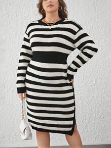 SHEIN Essnce Plus Striped Pattern Drop Shoulder Sweater Dress - Black and White - View 1