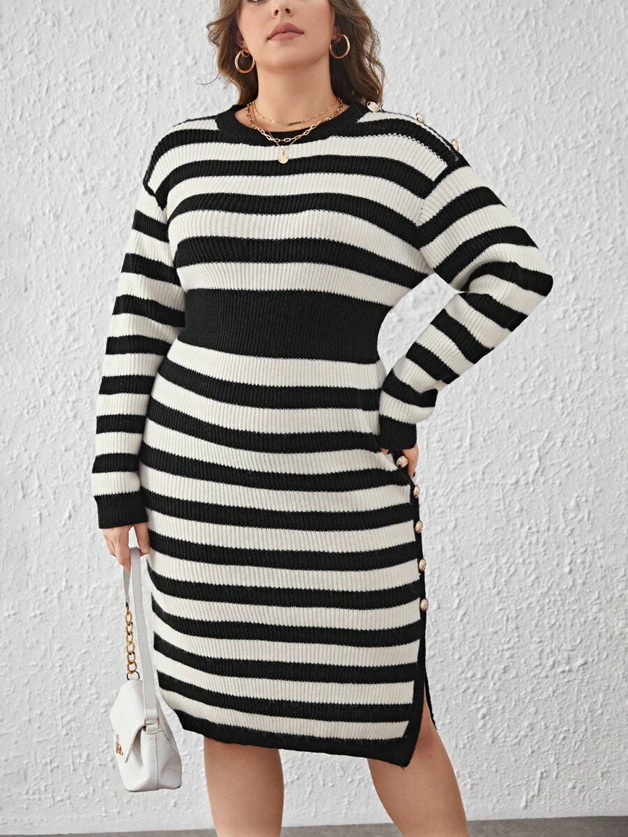 SHEIN Essnce Plus Striped Pattern Drop Shoulder Sweater Dress - Black and White - View 1