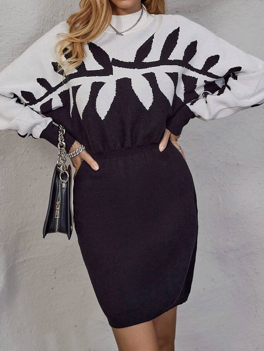 SHEIN Clasi Leaf Pattern Batwing Sleeve Sweater Dress - Multicolor - View 1