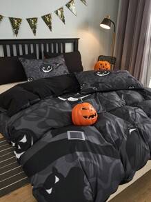 3 pièces Ensemble De Housse De Couette Profond Gris Halloween Chat Astronaute , Citrouille , Motif Chauve-Souris Imprimé En Polyester