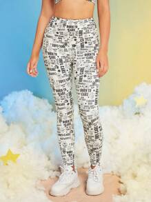 SHEIN X Care Bears 字母卡通熊印花寬腰運動打底褲 - 彩色 - 查看 3