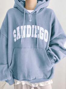 DAZY Thermal Lined Hooded Sweatshirt For Women, Casual Letter Print Pullover, Autumn/Winter