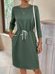 SHEIN LUNE Drawstring Waist Hidden Pocket Dress - Army Green - View 2