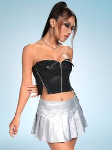SHEIN ICON Women Summer Sexy Glitter Zipper Slim Fit Cropped Strapless Crop Top - Black - View 5