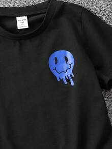 SHEIN Chico joven Camiseta con slogan & con estampado de cara de dibujos animados - Negro - Ver 4