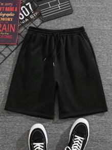 Manfinity Dauomo Men Plus Drawstring Waist Slant Pocket Shorts - Black - View 1