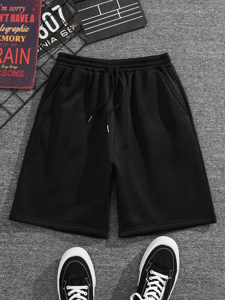 Manfinity Dauomo Men Plus Drawstring Waist Slant Pocket Shorts - Black - View 1