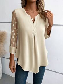 EMERY ROSE Blusa de manga de malla jacquard en contraste con botón - Albaricoque - Ver 5