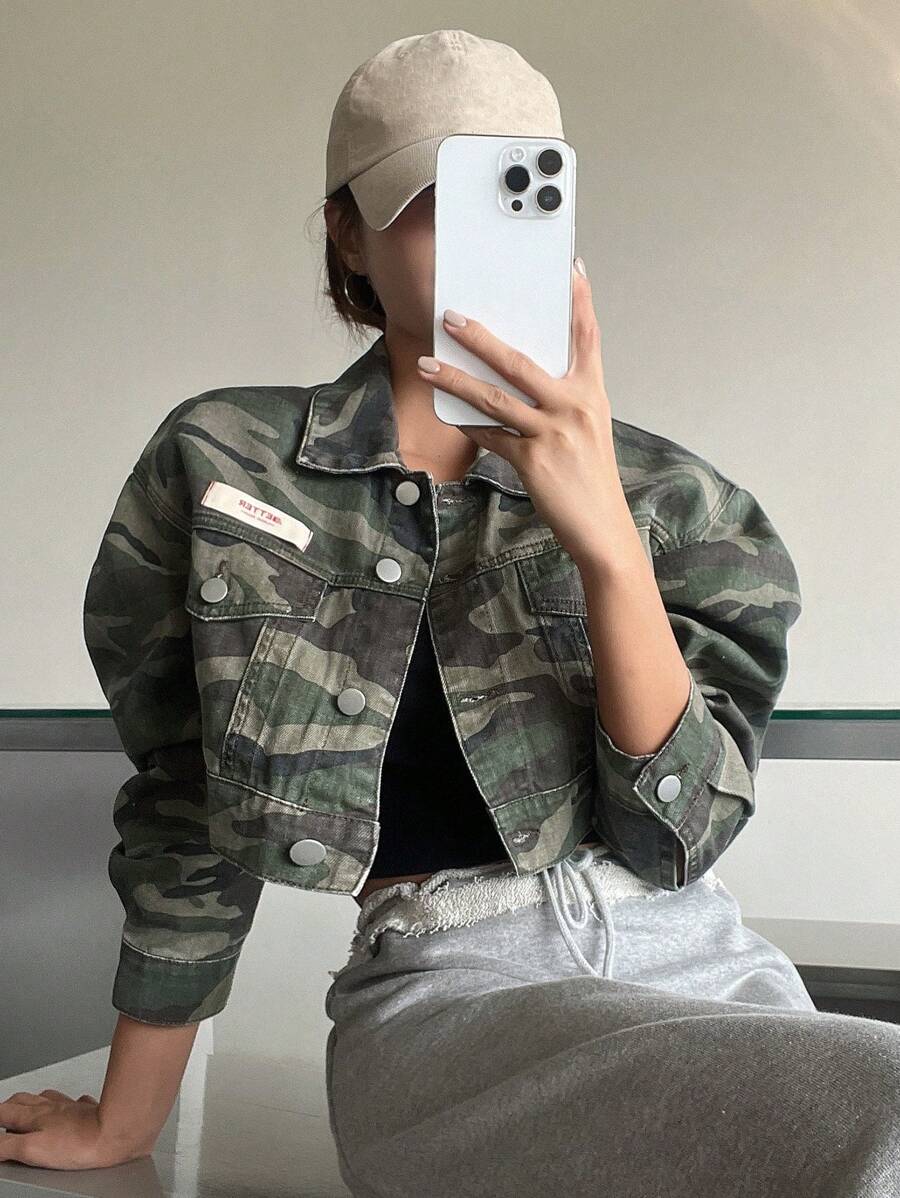 DAZY Camo Print Drop Shoulder Crop Denim Jacket - Army Green - View 1