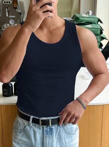 DAZY Nam Chất rắn Đồ đan Ribbed Áo ba lỗ - Màu xanh hải quân - Xem 4