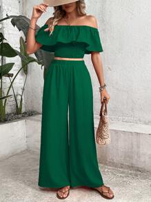 Breezaya Off Shoulder Ruffle Trim Crop Top & Wide Leg Pants - Dark Green - View 5