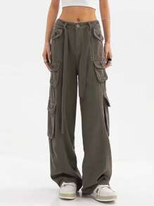 Quần jean nữ Thắt lưng Nút Túi Dây kéo màu trơn Giải trí - xanh quân đội - Xem 1