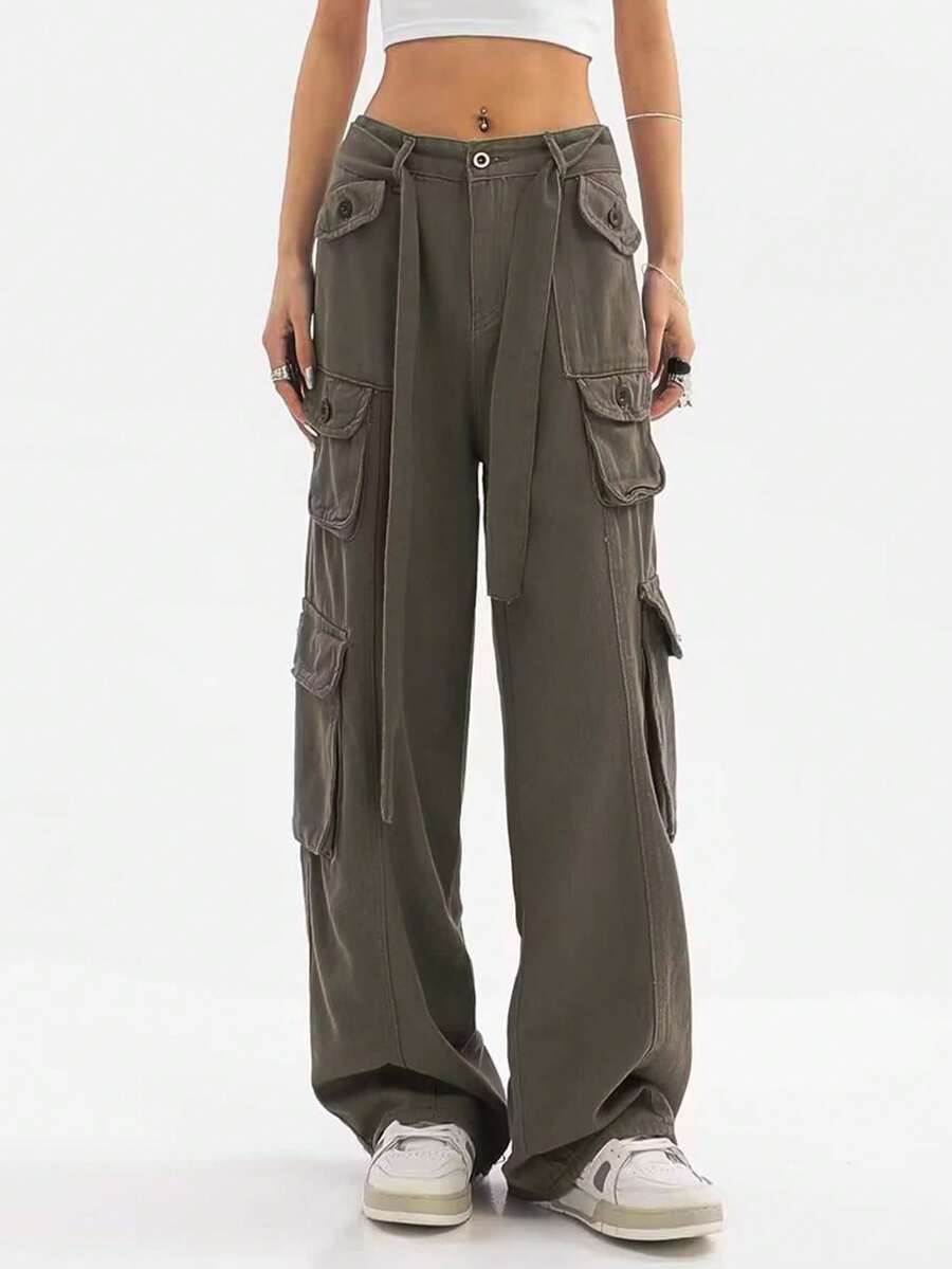 Quần jean nữ Thắt lưng Nút Túi Dây kéo màu trơn Giải trí - xanh quân đội - Xem 1